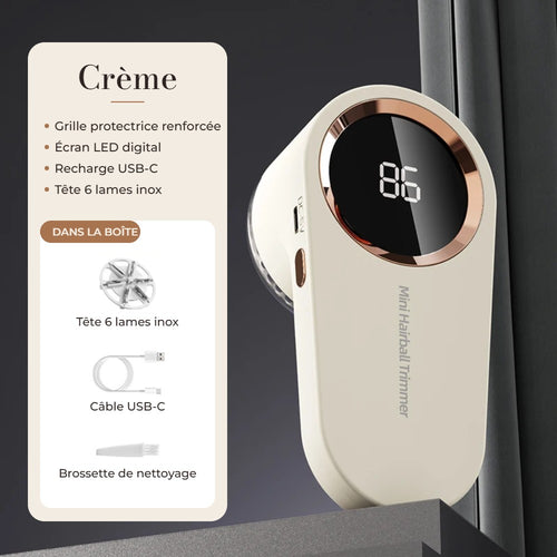 Rasoir anti-bouloches coloris crème et contenu de la boîte