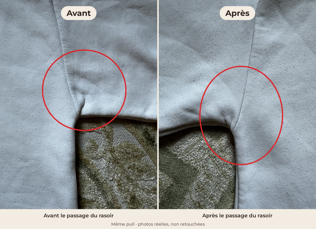 Avant / après sur le même pull clair : la zone sous l'aisselle, couverte de bouloches avant, est nette après le passage du rasoir anti-bouloches