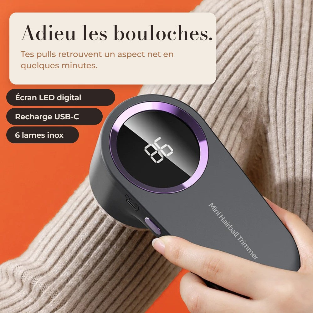 Rasoir anti-bouloches rechargeable Maille Neuve utilisé sur un pull en maille